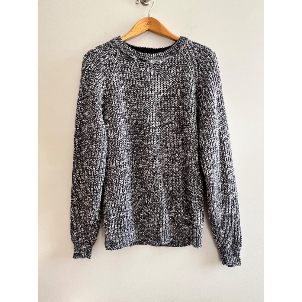 VTG Graphix Marled Knit Sweater Mens L Black Chunky Knit Fisherman Core